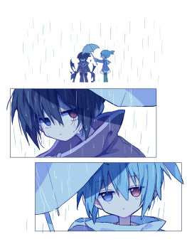 2boys absurdres black_coat black_hair black_sig blue_coat blue_eyes blue_hair closed_mouth coat commentary_request dual_persona futaba969649 green_pants heterochromia highres holding holding_umbrella long_sleeves male_focus multiple_boys offering_umbrella pants puyopuyo rain red_eyes short_hair sig_(puyopuyo) simple_background standing umbrella white_background