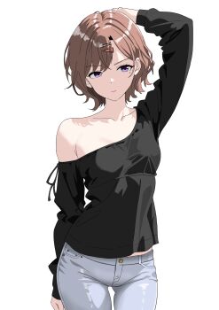 1girl absurdres arm_up armpit_crease black_shirt brown_hair collarbone commentary_request denim hand_on_own_head highres higuchi_madoka idolmaster idolmaster_shiny_colors jeans looking_at_viewer matsuokalive10 midriff_peek mole mole_under_eye pants pink_eyes shirt short_hair simple_background single_bare_shoulder solo white_background