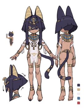 1girl absurdres ancient_egyptian ancient_egyptian_clothes animal_ears anklet black_eyes black_fur black_hair black_nails bracelet brown_egyptian_cat-eared_loli_(trend) cat_ears cat_girl cat_tail closed_mouth dark-skinned_female dark_skin full_body hair_over_one_eye highres jewelry long_hair looking_at_viewer original reference_sheet sidelocks simple_background tail tan usekh_collar white_background zizi_niisan