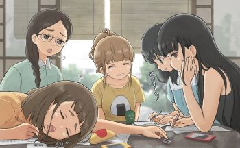 5girls :o ame_wa black_hair braid brown_eyes cellphone closed_eyes commentary_request day eraser glasses highres indoors kobuchizawa_shirase long_hair medium_hair miyake_hinata multiple_girls pencil pencil_case phone shiraishi_yuzuki shirt short_sleeves smartphone sora_yori_mo_tooi_basho studying takahashi_megumi tamaki_mari tearing_up yellow_shirt