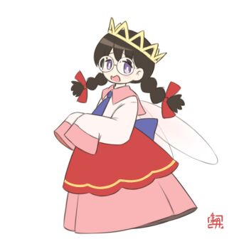 Rule 34 | 1girl, black hair, blush, bow, crown, fairy, fairy wings, hair bow, kirby (series), kirby 64, kitagawa suigetsu, long hair, long skirt, nintendo, pink skirt, purple eyes, red bow, ripple star queen, simple background, skirt, sleeves past fingers, sleeves past wrists, white background, wings