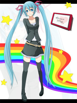 Rule 34 | 1girl, aqua hair, arms behind back, belt, blue eyes, blush, casual, female focus, hair ribbon, hatsune miku, koumei (artist), koumei (harmonizer), legs, long hair, rainbow, rainbow path, ribbon, skirt, smile, solo, thighhighs, twintails, very long hair, vocaloid, zettai ryouiki