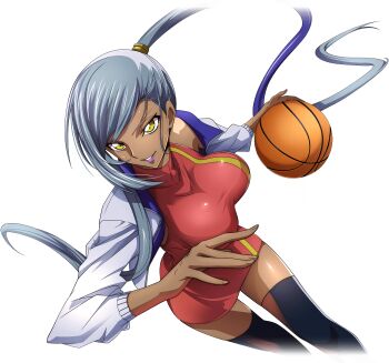1girl arm_up artist_request asymmetrical_hair ball basketball basketball_(object) black_thighhighs breasts code_geass code_geass:_lost_stories cropped_legs dark-skinned_female dark_skin dress dutch_angle female_focus game_cg grey_hair grin hand_up happy high_ponytail highres holding holding_ball jacket large_breasts lipstick long_hair long_sleeves makeup non-web_source official_art open_clothes open_jacket playing_sports ponytail purple_lips red_dress running shiny_skin short_dress simple_background sleeveless sleeveless_dress smile solo sweat teeth thighhighs thighs transparent_background very_long_hair villetta_nu white_jacket yellow_eyes zettai_ryouiki