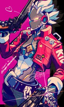 Rule 34 | 1boy, artist name, belt, billy kid, black belt, black pants, blush, chain, clothed robot, commentary request, cowboy shot, dual wielding, glint, gun, handgun, heart, highres, holding, holding gun, holding weapon, humanoid robot, jacket, mago oowarawa, male focus, open clothes, open jacket, pants, red jacket, revolver, robot, robot boy, sheriff badge, signature, solo, weapon, white hair, yellow eyes, zenless zone zero