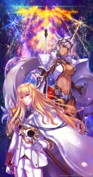 Rule 34 | 1boy, 1girl, animal ears, arm at side, armor, ascot, bikini, bird, black bikini, black gloves, black hairband, black thighhighs, blonde hair, blue ascot, blue eyes, body markings, brooch, caenis (fate), caenis (second ascension) (fate), cape, clenched hand, closed mouth, collared cape, commentary request, dark-skinned female, dark skin, elbow gloves, fate/grand order, fate (series), feathers, formal clothes, frilled sleeves, frills, gloves, gold trim, grin, hair between eyes, hairband, headpiece, highres, holding, holding polearm, holding shield, holding staff, holding weapon, horse ears, infinity symbol, jacket, jewelry, kirschtaria wodime, long hair, long sleeves, looking at viewer, mage staff, pants, pauldrons, phoenix, polearm, shield, shingo (picturepuzzle), shoulder armor, side cape, smile, spear, staff, suit, swimsuit, thighhighs, waist cape, weapon, white cape, white feathers, white gloves, white jacket, white pants, white suit