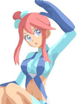 1girl :o absurdres arm_up blue_eyes blue_gloves blue_jacket blue_shorts commentary cropped_jacket gloves hair_ornament highres iseitan_01 jacket nintendo one_side_up open_mouth pokemon pokemon_black_and_white red_hair shorts sidelocks simple_background skyla_(pokemon) solo white_background