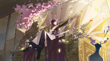 1girl absurdly_long_hair absurdres animal_ears arknights black_gloves black_shoes blunt_bangs commentary_request crossed_legs dress expressionless flower from_below full_body gloves hair_intakes high_heels highres holding holding_sword holding_weapon indoors ktl_suda long_dress long_hair long_sleeves looking_at_viewer looking_down mio_(arknights) multicolored_dress ornate outstretched_arm parted_lips pink_flower purple_hair sheath shoes sitting solo straight_hair sword two-tone_dress unsheathing very_long_hair weapon