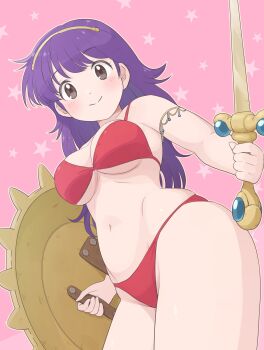 1girl armlet athena_(series) bikini blush breasts commentary_request cowboy_shot from_below highres holding holding_shield holding_weapon jewelry looking_at_viewer navel pink_background plump princess_athena purple_hair red_bikini shield smile solo star_(symbol) star_symbol_background swimsuit thighs underboob weapon yama_tatsuo