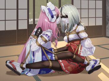 2girls arms_behind_back ball_gag bdsm black_pantyhose blindfold bondage bound bound_ankles bound_arms bound_breasts bound_legs bound_together bound_torso bound_wrists cloth_gag commentary_request crying_under_blindfold drooling egg_vibrator female_focus forced_orgasm full_body gag gag_harness gagged grey_hair hairband hakama highres improvised_gag indoors japanese_clothes kimono linked_collar long_hair michi_(philroad) multiple_girls neglect_play on_floor original over_the_nose_gag pantyhose pink_hair purple_eyes red_eyes remote_control_vibrator restrained saliva saliva_trail sandals shibari shibari_over_clothes sitting skindentation socks socks_over_pantyhose tabi tape taped_hands tatami variant_set vibrator vibrator_under_clothes zouri