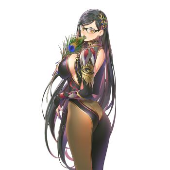 1girl ass asymmetrical_bangs backless_outfit black_gloves black_hair black_leotard breasts brown_pantyhose commentary_request elbow_gloves fingerless_gloves from_behind glasses gloves hair_ornament hera_(uchihime) large_breasts leotard long_hair pantyhose popqn uchi_no_hime-sama_ga_ichiban_kawaii very_long_hair yellow_eyes