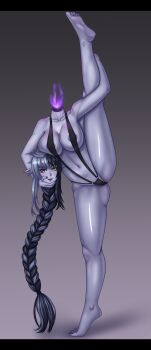 1girl absurdres barefoot bikini black_bikini black_hair black_nails braid breasts colored_nipples colored_skin disembodied_head dullahan feet fire flexible full_body hair_between_eyes heterochromia highres large_breasts leg_grab leg_up legs long_hair looking_at_viewer multicolored_hair nail_polish navel nipple_slip nipples pointy_ears purple_eyes purple_fire purple_nipples purple_skin simple_background slingshot_swimsuit solo split standing standing_on_one_leg standing_split swimsuit thighs toes two-tone_hair white_hair yellow_eyes