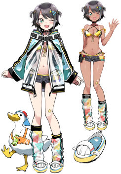 alternate_costume asymmetrical_legwear baseball_cap bikini bird black_bikini black_choker blush breasts choker cleavage commentary_request criss-cross_halter denim denim_shorts duck full_body hair_ornament hairclip halterneck hat highres hololive jacket kneehighs kurose_kousuke long_sleeves looking_at_viewer navel off-shoulder_bikini off_shoulder one_eye_closed oozora_subaru open_mouth see-through_clothes see-through_jacket short_hair short_shorts short_twintails shorts simple_background small_breasts smile socks star_(symbol) star_hair_ornament star_in_eye star_tattoo swimsuit symbol_in_eye tan tanline tattoo twintails virtual_youtuber water_gun waving white_background yellow_bikini
