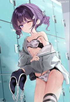 1girl black_panties bra breasts choppy_bangs closed_mouth commentary_request cowboy_shot cross_hair_ornament grey_bra grey_hair grey_panties hair_ornament highres holding holding_unworn_clothes indoors jacket locker locker_room looking_at_viewer one_eye_closed open_clothes open_jacket original panties panty_tag print_bra print_panties purple_eyes purple_hair short_hair single_bare_shoulder single_off_shoulder small_breasts solo standing strap_slip swimsuit two-tone_bra two-tone_panties underwear unworn_swimsuit water_drop wet yunmi_0527