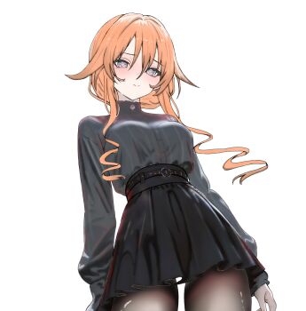 1girl absurdres black_skirt blue_eyes breasts date_a_live dress_shirt drill_hair drill_sidelocks highres long_hair long_sleeves looking_at_viewer medium_breasts multicolored_hair orange_hair shirt sidelocks skirt smile solo streaked_hair white_background yamai_yuzuru yoshi_mcswagger
