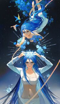 2girls absurdres barefoot bird blue_flower blue_hair blue_rose breasts cang_yue_(tou_xing_jiuyue_tian) chinese_commentary cleavage closed_mouth collarbone commentary_request crop_top crown dress dual_persona flower grey_eyes grin hair_between_eyes hanmaodou47529 highres long_hair long_sleeves multiple_girls navel pants rose shirt sleeveless sleeveless_dress smile snowflakes tou_xing_jiuyue_tian tsurime very_long_hair white_dress white_pants white_shirt