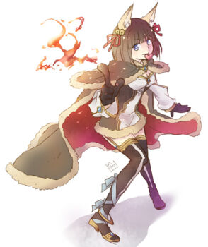 1girl animal_ears bell black_gloves black_thighhighs bob_cut breasts brown_cape brown_dress cape chiya_(beastbeast) cleavage closed_mouth commentary_request dress fire fox_ears fox_girl full_body fur-trimmed_cape fur-trimmed_dress fur_trim gloves hair_bell hair_ornament hair_ribbon heart jingle_bell looking_at_viewer medium_breasts official_alternate_costume pyrokinesis ragnarok_online red_cape red_ribbon ribbon sandals short_dress short_hair simple_background smile solo standing thighhighs two-sided_cape two-sided_fabric two-tone_dress warlock_(ragnarok_online) white_background white_dress yellow_sandals