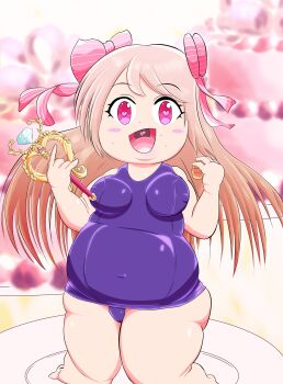 1girl absurdres barefoot blonde_hair breasts chaos_marie_(grimms_notes) covered_erect_nipples croissant fat fat_woman food grimms_notes hands_up heyagomoridebu highres holding holding_food holding_wand looking_at_viewer medium_breasts old_school_swimsuit open_mouth school_swimsuit smile solo swimsuit wand weight_gain