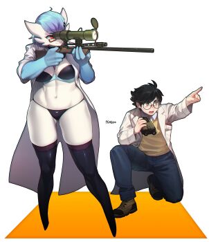 1boy 1girl absurdres aiming alternate_color artist_name binoculars black_hair black_panties black_thighhighs blue_hair blue_skin breasts colored_skin commission dr._voir_(nanosheep) gardevoir gen_3_pokemon glasses gun highres holding holding_binoculars holding_gun holding_weapon kneeling lab_coat multicolored_skin nanosheep_(character) navel nintendo panties pants pgm300 pointing pokemon pokemon_(creature) red_eyes rifle semi-rimless_eyewear shiny_pokemon simple_background sniper_rifle thighhighs two-tone_skin underwear weapon white_background white_skin