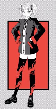 1girl blunt_bangs breasts chinese_clothes commentary_request earrings full_body greyscale_with_colored_background hair_ornament hands_on_own_hips highres jewelry lee_(dragon_garou) light_blush medium_breasts original red_background shoes smile solo spot_color stud_earrings tangzhuang tassel tassel_hair_ornament thighhighs twintails v-shaped_eyebrows