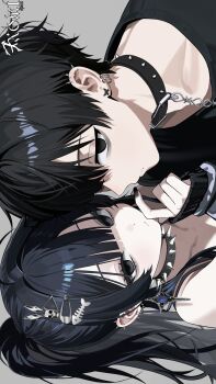 Rule 34 | 1boy, 1girl, absurdres, ahoge, bare shoulders, black choker, black eyes, black hair, black nails, black shirt, chiromi, choker, closed mouth, commentary, ear piercing, earrings, expressionless, hair ornament, hairclip, highres, jewelry, long hair, long sleeves, looking at viewer, nail polish, original, piercing, ponytail, shirt, short hair, sidelocks, sleeveless, spaghetti strap, spiked choker, spikes, symbol-only commentary