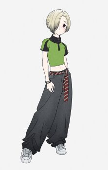 Rule 34 | 1girl, acubi tomaranai, blonde hair, brown eyes, crop top, ear piercing, expressionless, flat chest, full body, gradient hair, hair over one eye, highres, idolmaster, idolmaster cinderella girls, looking at viewer, multicolored hair, navel, pants, piercing, shirasaka koume, shoes, short hair, simple background, sneakers, solo, white background