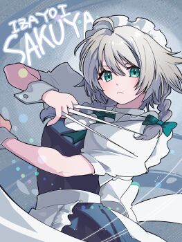 1girl apron blue_dress braid character_name closed_mouth dress expressionless green_eyes grey_hair hair_between_eyes hair_ribbon highres izayoi_sakuya looking_at_viewer maid maid_apron maid_headdress mo_komo_ko_(kamui_akira) ribbon shirt short_sleeves solo touhou twin_braids upper_body white_shirt