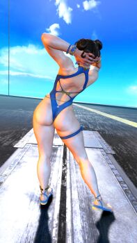 1girl 3d absurdres alternate_costume ass back bare_legs bare_shoulders blue_one-piece_swimsuit bracelet brown_hair capcom chun-li curvy double_bun hair_bun highleg highleg_one-piece_swimsuit highres huge_ass jewelry official_alternate_costume one-piece_swimsuit outdoors parted_lips ryona shiny_skin skindentation sky solo standing street_fighter street_fighter_6 stretching swimsuit thighlet third-party_edit thong_one-piece_swimsuit wide_hips