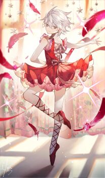 1boy absurdres aged_down ballerina ballet ballet_slippers blue_eyes crossdressing crossdressing_(mtf) dress earrings en_pointe eyeshadow eyeshadow_under_eye falling_feathers fate/grand_order fate_(series) feathers hair_between_eyes highres jewelry karna_(fate) looking_at_viewer looking_back makeup male_focus pale_skin red_dress red_eyeshadow short_hair smile solo sqloveraven trap white_hair