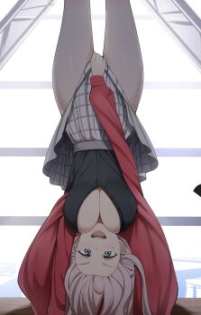 1girl :d black_shirt breasts cardigan commentary covering_crotch covering_privates green_eyes handstand highres holding large_breasts limelam06 love_live! love_live!_nijigasaki_high_school_idol_club lycoris_challenge_(meme) meme mole mole_under_eye one_arm_handstand open_mouth red_cardigan scene_reference shirt skirt skirt_hold skirt_tug smile solo symbol-only_commentary thighs upside-down zhong_lanzhu