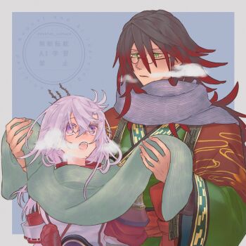 1boy 1girl brown_hair couple glasses gradient_hair green_eyes hetero highres japanese_clothes kaguya_(rune_factory) kkkhet_calhack kurama_(rune_factory) multicolored_hair purple_eyes red_hair rune_factory rune_factory:_guardians_of_azuma scarf