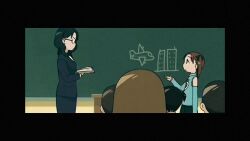 10s 2girls 9/11 amv animated anime_screenshot audible_music black_hair book brown_hair building ceiling chalkboard child classroom detached_sleeves drawing ears from_side glasses holding holding_book ichigo_mashimaro indoors looking_at_another matsuoka_miu medium_hair meme multiple_girls music music_video plane podium sound subtitled teacher third-party_edit tower video watermark wide_shot world_trade_center