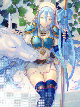 1girl amao_miyuki armor azura_(fire_emblem) azura_(lady_of_the_sky)_(fire_emblem) blue_hair boots breastplate breasts dress elbow_gloves fingerless_gloves fire_emblem fire_emblem_fates fire_emblem_heroes gloves hair_between_eyes hashtag-only_commentary holding holding_weapon lance long_hair nintendo official_alternate_costume pegasus polearm short_sleeves shoulder_armor sitting skinny small_breasts solo thigh_boots thighs very_long_hair weapon white_dress yellow_eyes