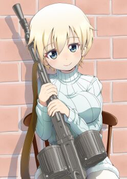 1girl blonde_hair blue_eyes blue_sweater blush brave_witches breasts brick_wall chair gun highres holding holding_gun holding_weapon large_breasts looking_at_viewer machine_gun mg42 nikka_edvardine_katajainen on_chair orokana_nekku_guusu pantyhose short_hair sitting smile solo sweater turtleneck upper_body weapon white_pantyhose world_witches_series