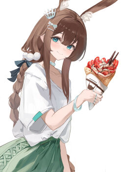 1girl absurdres alternate_costume amiya_(arknights) animal_ear_fluff animal_ears arknights black_bow blue_eyes blush bow bracelet braid braided_ponytail brown_hair collar collarbone crown dot_nose dress food food_request fruit green_dress hair_between_eyes hair_bow hair_ornament hairpin highres holding holding_food jewelry long_hair long_sidelocks looking_at_viewer loose_clothes loose_shirt mini_crown multiple_rings oversized_clothes oversized_shirt pom_pom_(clothes) rabbit_ears rabbit_girl remapack77 ring shirt sidelocks simple_background smile solo strawberry thumb_ring upper_body white_background white_bow white_collar white_shirt