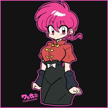 1girl artist_name braid chinese_clothes genderswap genderswap_(mtf) hair_between_eyes pants pink_hair ranma-chan ranma_1/2 red_eyes saotome_ranma short_sleeves single_braid solo tangzhuang wristband