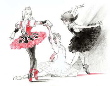 3boys alternate_costume alternate_universe aoyagi_hajime arm_up arms_up ballerina ballet ballet_slippers black_dress black_hair black_pantyhose blonde_hair bright_pupils closed_eyes closed_mouth crossdressing crossdressing_(mtf) crown curly_hair dancing dress feather_hair_ornament feathers fleebites grey_eyes hair_ornament juliet_sleeves long_sleeves looking_at_another medium_hair monochrome multiple_boys pantyhose parted_lips puffy_sleeves red_dress red_eyes red_theme shadow shinkai_yuto short_hair sleeveless sleeveless_dress spot_color strapless strapless_dress teshima_junta traditional_media tutu white_dress white_pupils yowamushi_pedal