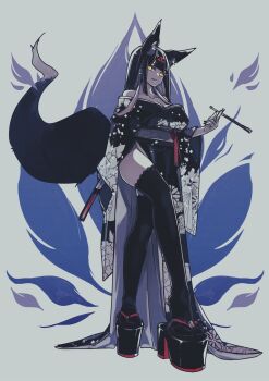 1girl animal_ears azuma_sawayoshi black_hair black_kimono black_thighhighs breasts commentary_request eyeliner folding_fan fox_ears fox_girl fox_tail full_body hand_fan highres japanese_clothes kimono large_breasts long_hair looking_at_viewer makeup okobo original platform_sandals sandals smile solo tabi tail thighhighs very_long_fingernails yellow_eyes