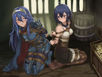 2girls bdsm blue_eyes blue_hair bondage bound breasts captured commission female_morgan_(fire_emblem) fire_emblem fire_emblem_awakening fleeing indoors long_hair lucina_(fire_emblem) medium_breasts mother_and_daughter multiple_girls nintendo rope short_hair smoobyrope tiara