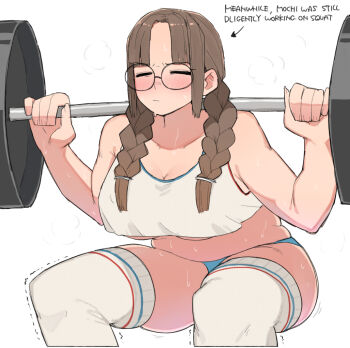 1girl arrow_(symbol) blue_panties blush braid breasts brown_hair closed_eyes closed_mouth collarbone commentary english_text exercising feet_out_of_frame glasses large_breasts mochi_(ohasi) ohasi original panties plump puff_of_air sidelocks simple_background solo squatting sweat symbol-only_commentary thick_thighs thighhighs thighs twin_braids underwear weightlifting white_background white_thighhighs