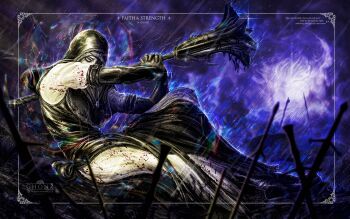 1girl absurdres black_capelet black_gloves black_hood blood blood_on_clothes blood_splatter capelet commentary dress elden_ring elden_ring_nightreign english_commentary english_text fine_art_parody flanged_mace ghonz_art gloves highres mace nun one_eye_in_shadow outside_border parody planted planted_sword planted_weapon rain signature solo sword the_fallen_angel_(painting) undertaker_(elden_ring) weapon white_dress