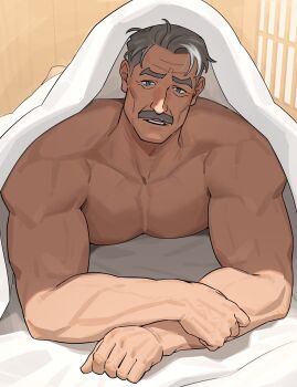 1boy bara cheekbones facial_hair grey_eyes grey_hair highres indoors looking_at_viewer lying male_focus mature_male muscular muscular_male mustache old old_man on_bed on_stomach original parted_lips sa1k0p short_hair solo topless_male under_covers