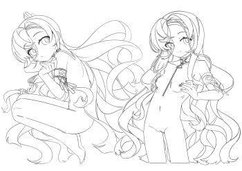 1girl 37_(reverse:1999) absurdres armlet breasts choker cleft_of_venus commentary_request completely_nude cowboy_shot cropped_legs curled_up fetal_position from_side full_body greyscale hair_between_eyes highres jewelry lineart long_hair looking_at_viewer monochrome multiple_views navel nipples nude pussy reverse:1999 sanjuqing'an small_breasts smile very_long_hair white_background