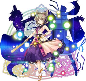 Rule 34 | 1girl, belt, blonde hair, bracelet, closed mouth, dress, earmuffs, flower, full body, game cg, gold sandals, hand on own hip, highres, holding, jewelry, lace, lace-trimmed skirt, lace trim, lily pad, looking at viewer, mononobe no futo, neck ribbon, official art, pointy hair, purple ribbon, purple skirt, ribbon, ritual baton, rotte (1109), sandals, sheath, sheathed, shirt, short hair, silhouette, skirt, sleeveless, sleeveless shirt, smile, socks, soga no tojiko, solo, sword, ten desires, third-party source, touhou, touhou lostword, toyosatomimi no miko, toyosatomimi no miko (desires), transparent background, water lily flower, weapon, white socks, yellow eyes