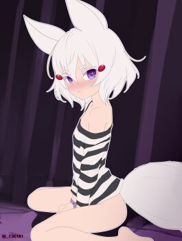 1girl absurdres animal_ears artist_name barefoot chenki_(chenki) flat_color fox_ears fox_girl fox_tail highres looking_at_viewer outline phase_connect prison_clothes purple_eyes shirt sitting solo striped_clothes striped_shirt tail tenma_maemi twitter_username wariza white_hair white_outline