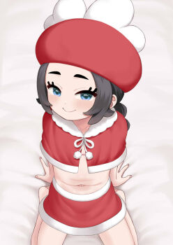 1girl ansha_(pokemon) atg_(wttoo0202) barefoot black_hair blue_eyes blush braid capelet closed_mouth commentary_request fur-trimmed_capelet fur-trimmed_skirt fur_trim hat highres long_hair looking_at_viewer miniskirt navel nintendo paid_reward_available partial_commentary pokemon pokemon_legends:_z-a red_capelet red_hat red_skirt sitting skirt smile solo thick_eyebrows toes