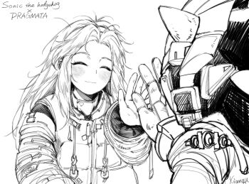 1boy 1girl absurdres artist_name blush closed_eyes closed_mouth coat commentary commentary_request diana_(pragmata) drawstring facing_another greyscale hand_up helmet high_five highres hugh_williams light_smile long_hair long_sleeves maria_robotnik monochrome padded_coat pragmata puffy_long_sleeves puffy_sleeves shadow_the_hedgehog shyu_1014 sonic_(series) space_helmet spacesuit upper_body