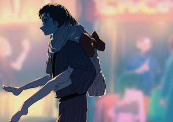 Rule 34 | 1boy, 1girl, arms around neck, ayase momo, back bow, bare legs, barefoot, black hair, blurry, blurry background, bow, brown hair, carrying, closed mouth, commentary request, cowboy shot, crowd, dandadan, festival, from side, glasses, highres, japanese clothes, kimono, nndm ak, outdoors, people, piggyback, profile, round eyewear, sash, short hair, striped clothes, striped kimono, sweatdrop, takakura ken (dandadan), vertical-striped clothes, vertical-striped kimono, walking, yukata