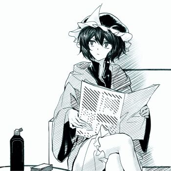 1other androgynous bottle card chinese_commentary closed_mouth collared_shirt commentary couch cowboy_shot crossed_legs dot_nose english_commentary expressionless frilled_headwear frilled_shorts frills furrowed_brow greyscale hair_between_eyes hat high_collar highres holding holding_newspaper hood hood_down hooded_jacket indoors jacket len&#039;en light_frown living_room long_sleeves looking_to_the_side mixed-language_commentary mob_cap monochrome multilingual_commentary newspaper on_couch open_clothes open_jacket other_focus puffy_shorts reading shadow shirt shitodo_kuroji short_hair shorts sitting solo stack table triangular_headpiece white_background wide_sleeves yancao_(pixiv_103434280) zipper