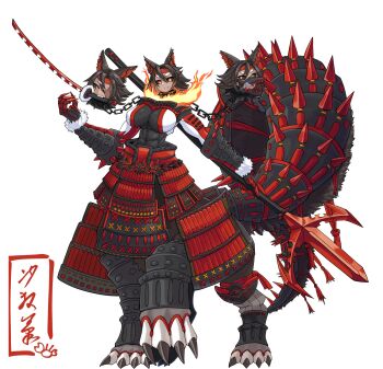 1girl 7shiomaneki53 abs absurdres animal_ears armor black_hair black_sclera breasts cerberus chain claws colored_sclera commission dark-skinned_female dark_skin dou fire floating_head full_body highres holding holding_polearm holding_sword holding_weapon japanese_armor juumonji_yari katana kusazuri large_breasts looking_at_viewer menpoo mouth_hold multiple_heads muscular muscular_female original polearm red_eyes skeb_commission solo suneate sword tail taur teeth_hold weapon white_background yari