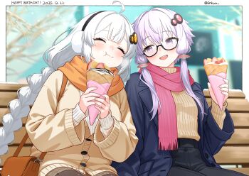 2girls :d ^_^ bag bench black-framed_eyewear black_coat black_pants blurry blurry_background blush braid brown_bag brown_cardigan brown_sweater cardigan closed_eyes coat commentary_request cream crepe dated earmuffs eating food fruit glasses hair_ornament happy_birthday highres holding holding_crepe holding_food kizuna_akari multiple_girls open_clothes open_coat open_mouth orange_scarf pants pink_scarf poke_kuu purple_eyes scarf short_hair_with_long_locks shoulder_bag sidelocks sitting smile strawberry sweater teeth twin_braids twitter_username upper_teeth_only vocaloid voiceroid white_hair white_sweater yuzuki_yukari